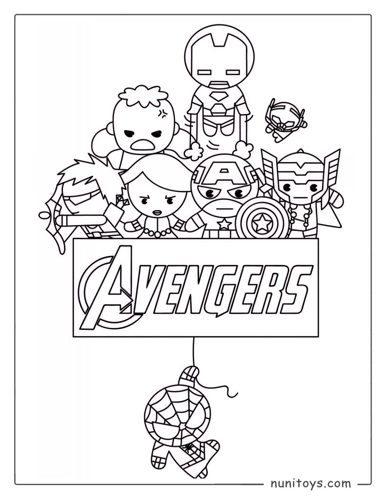 Cute Avengers Coloring Page – Chibi Superheroes Fun Scene