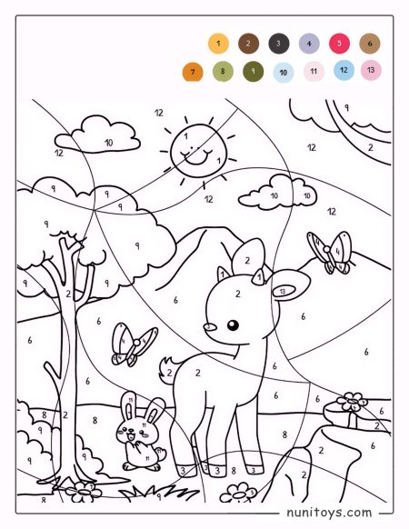 Cute Baby Deer in Nature Coloring Page by Numbers with Butterflies