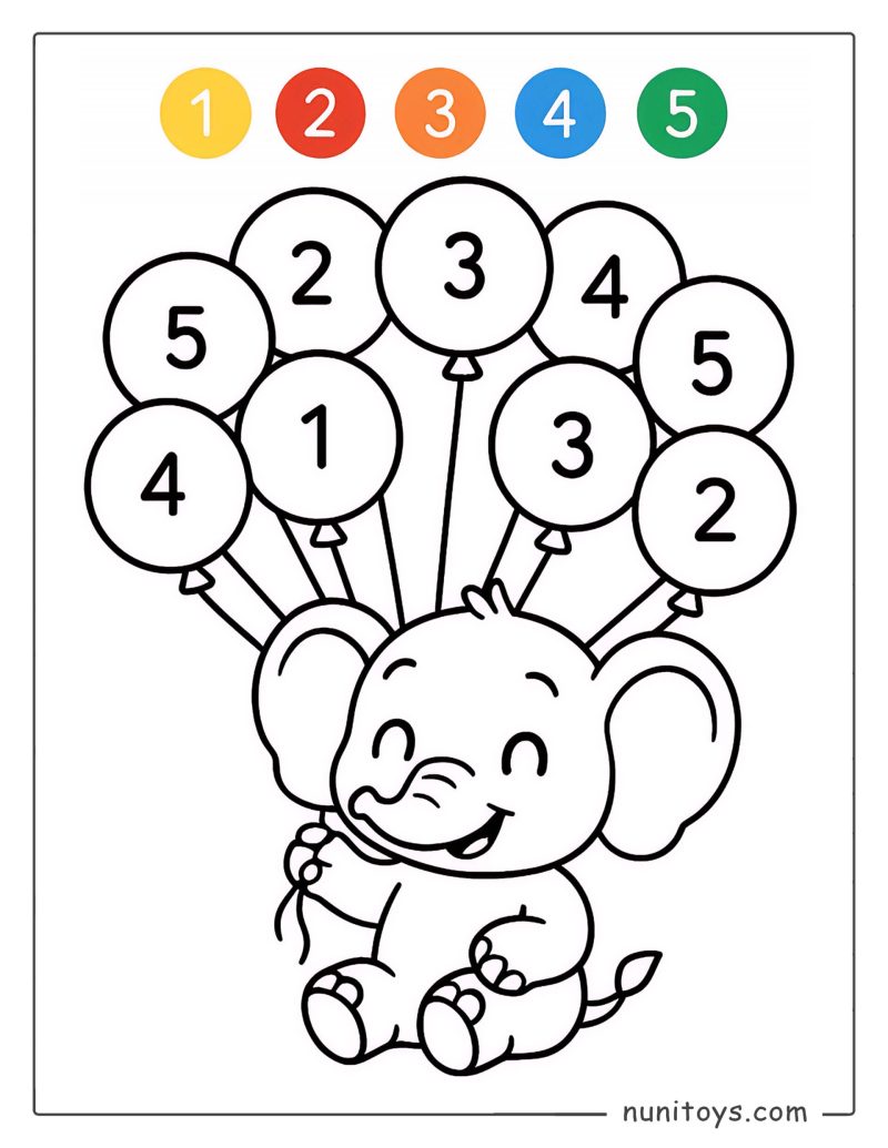 Cute Baby Elephant Coloring Page by Numbers with Balloons