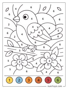 Cute Bird on a Branch Coloring Page by Numbers