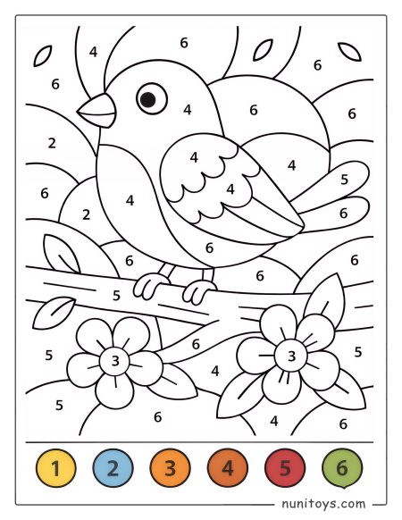 Cute Bird on a Branch Coloring Page by Numbers