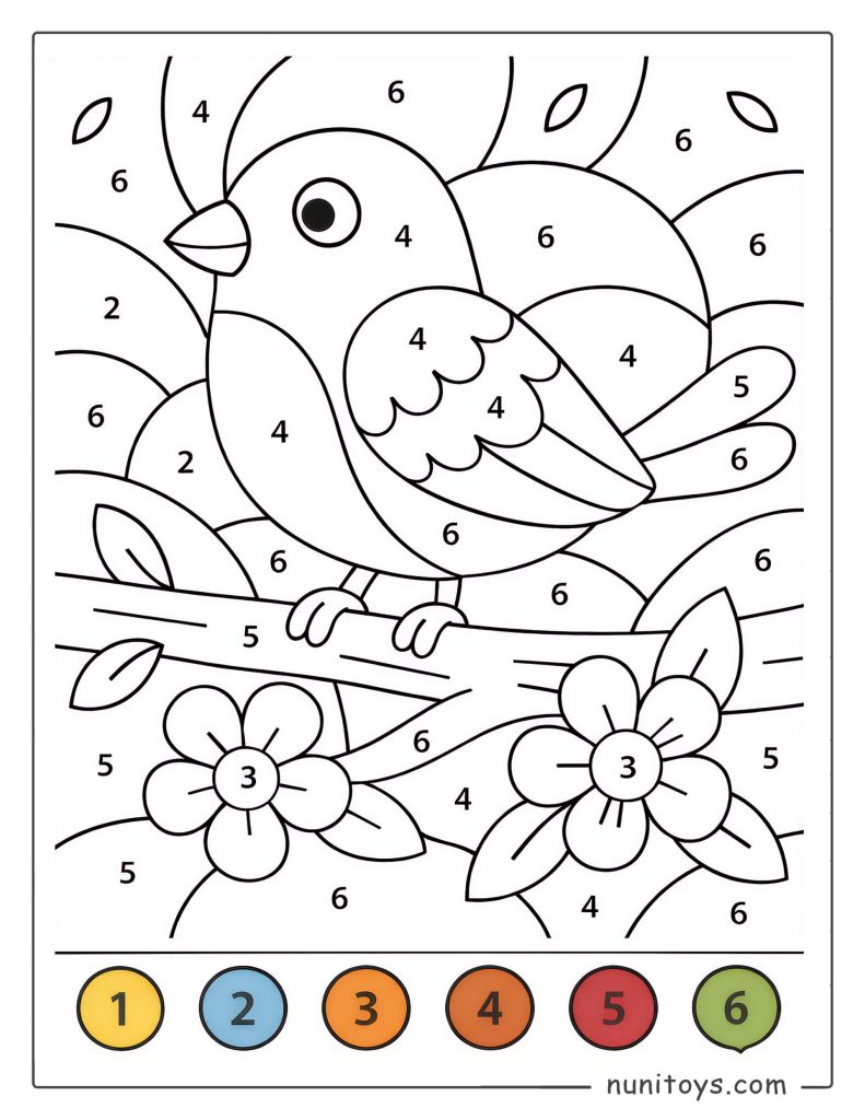Cute Bird on a Branch Coloring Page by Numbers