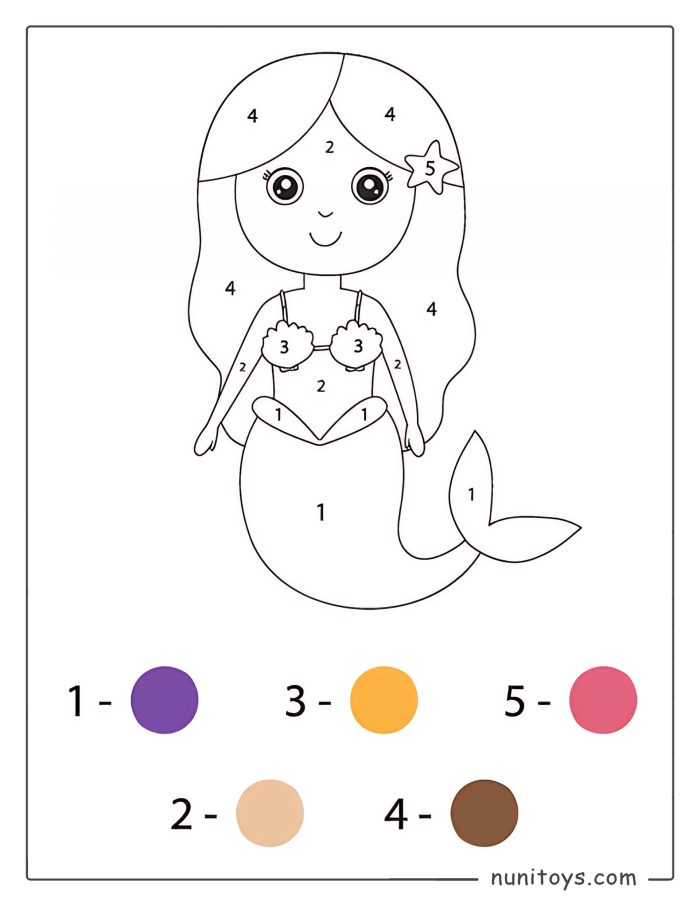 Cute Mermaid Coloring page by Numbers for Preschoolers