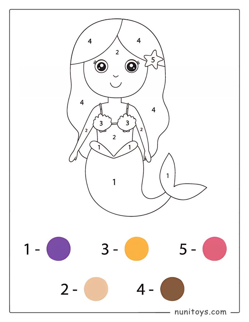 Cute Mermaid Coloring page by Numbers for Preschoolers