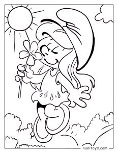 Cute Smurfette Holding a Flower on a Sunny Day Coloring Page