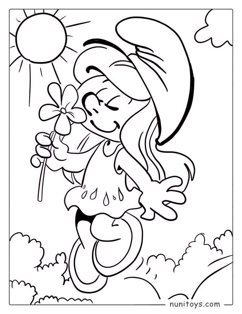 Cute Smurfette Holding a Flower on a Sunny Day Coloring Page