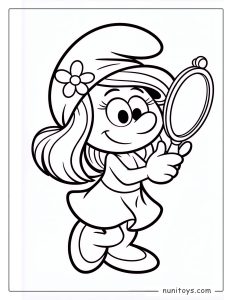 Cute Smurfs Coloring Page of Smurfette Looking in a Mirror