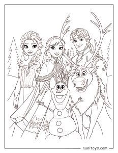 Elsa, Anna, Kristoff, Sven, and Olaf Standing Together in the Winter Forest – Frozen Coloring Page