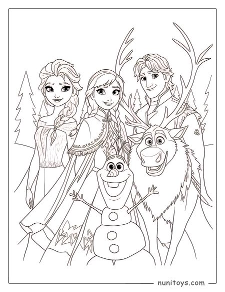 Elsa, Anna, Kristoff, Sven y Olaf juntos en el bosque invernal – Página para colorear