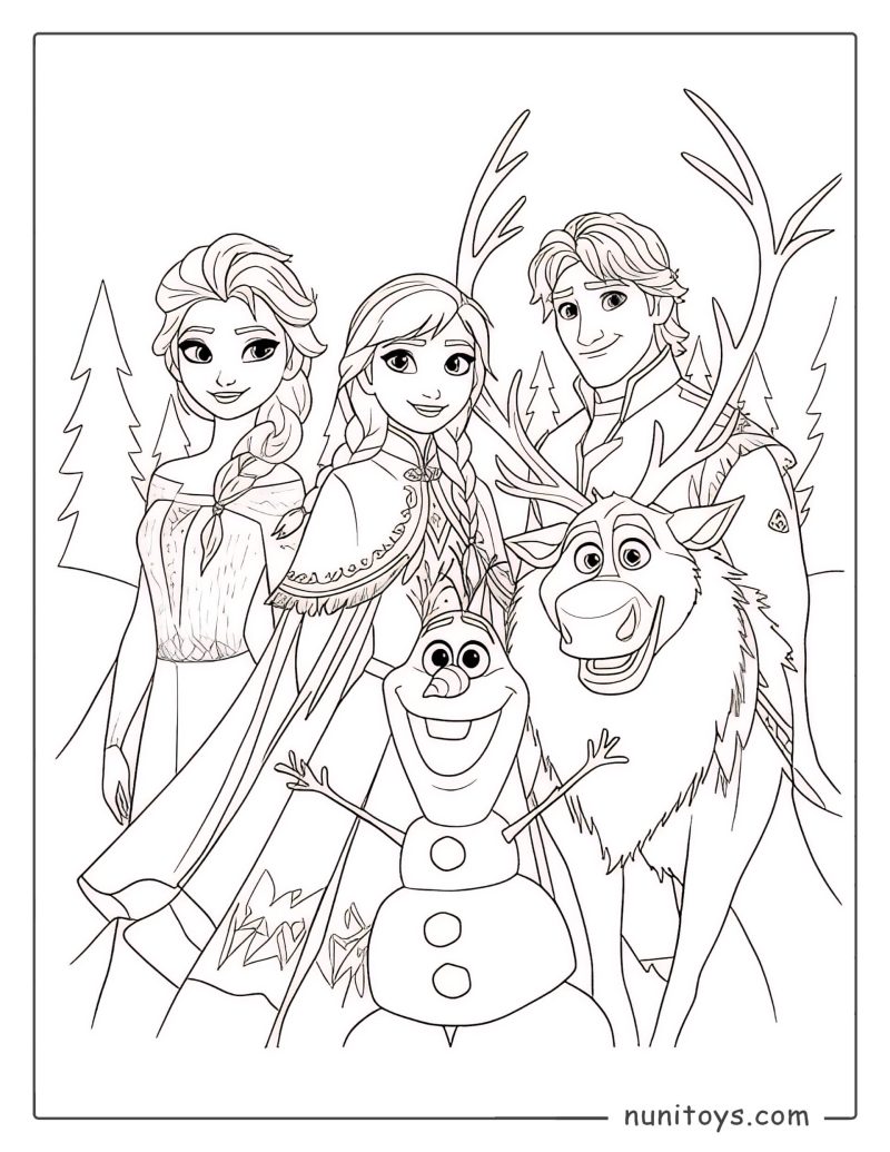 Elsa, Anna, Kristoff, Sven y Olaf juntos en el bosque invernal – Página para colorear