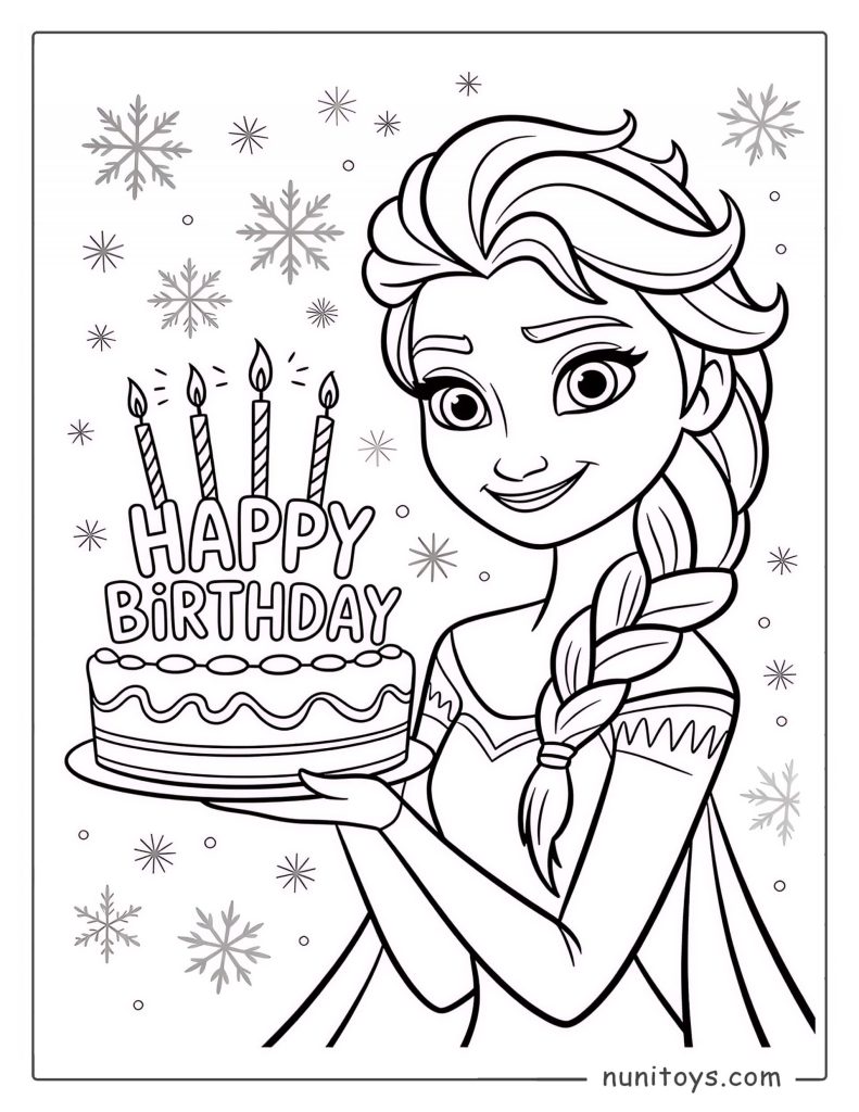 Elsa Holding a Birthday Cake – Frozen Birthday Coloring Page