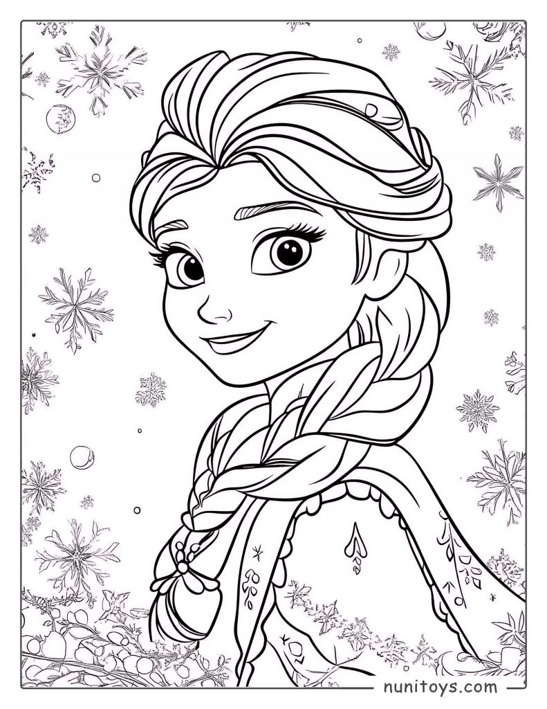Elsa Smiling Gently as Snowflakes Fall Around Her – Frozen Coloring Page