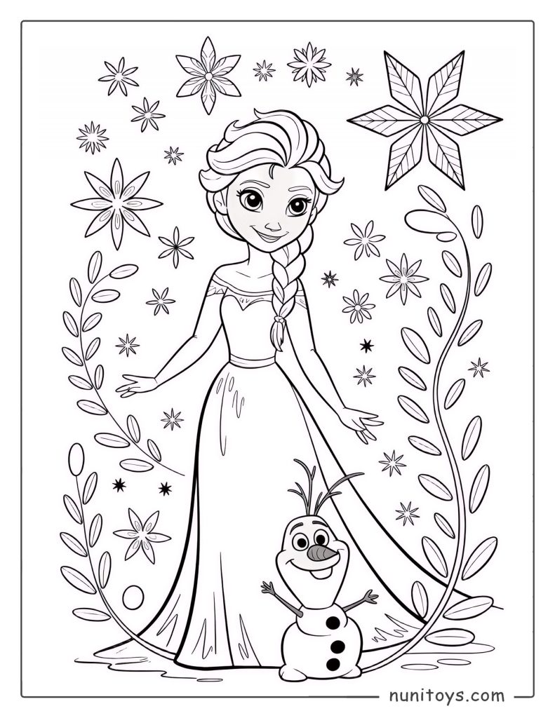 Elsa Standing Gracefully with Olaf Smiling – Frozen Coloring Page