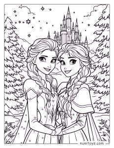 Elsa and Anna Holding Hands in Front of the Ice Castle Coloring Page