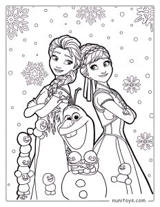 Elsa and Anna Standing While Olaf Smiles Coloring Page