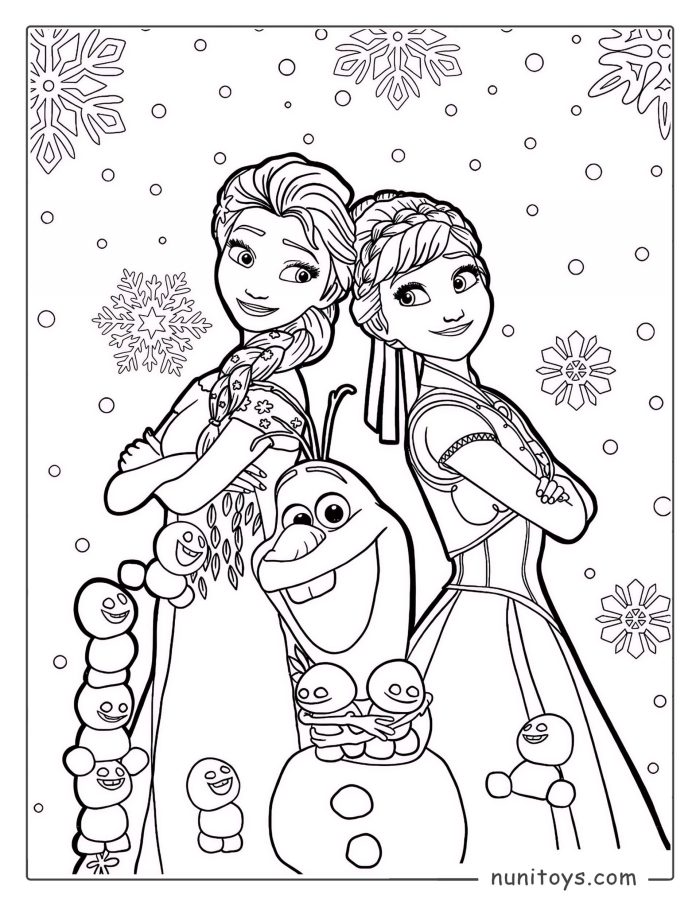 Elsa and Anna Standing While Olaf Smiles Coloring Page