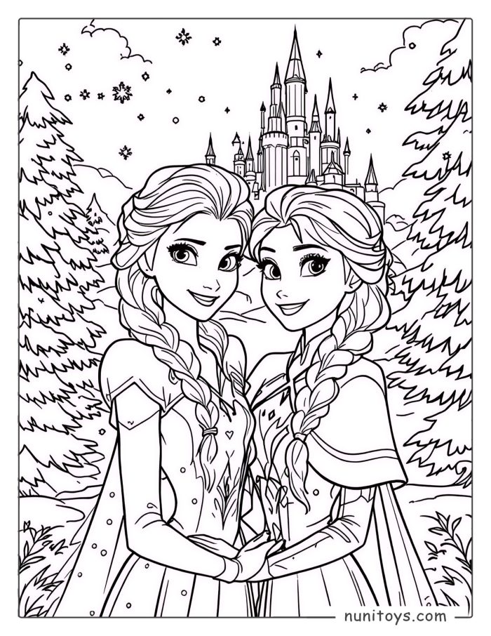 Elsa y Anna juntas frente al castillo de hielo – Página para colorear