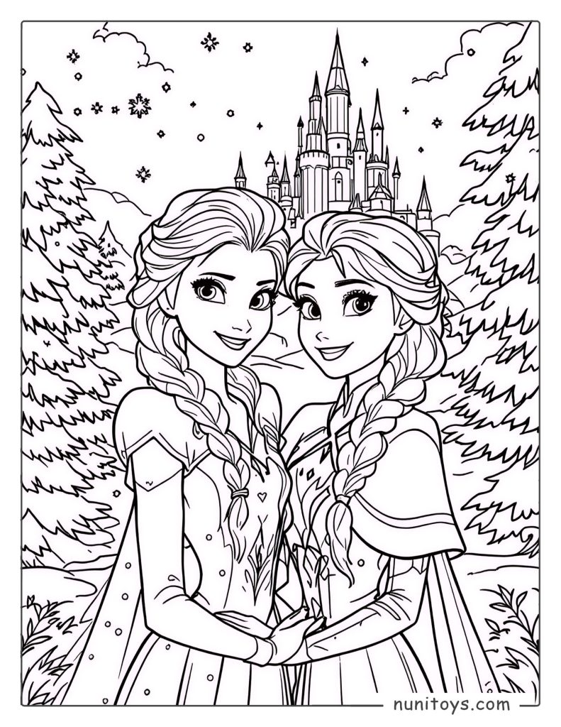 Elsa y Anna juntas frente al castillo de hielo – Página para colorear