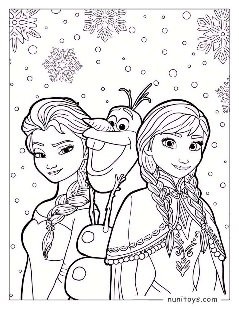Elsa y Anna sonriendo en la nieve con Olaf – Página para colorear