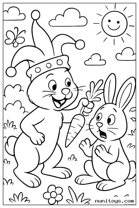 صفحة تلوين أرنب مهرج يقدم جزرة لأرنب متفاجئ
