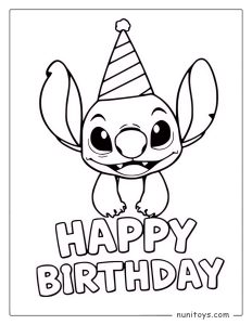 Happy Birthday Stitch with Party Hat Coloring Page