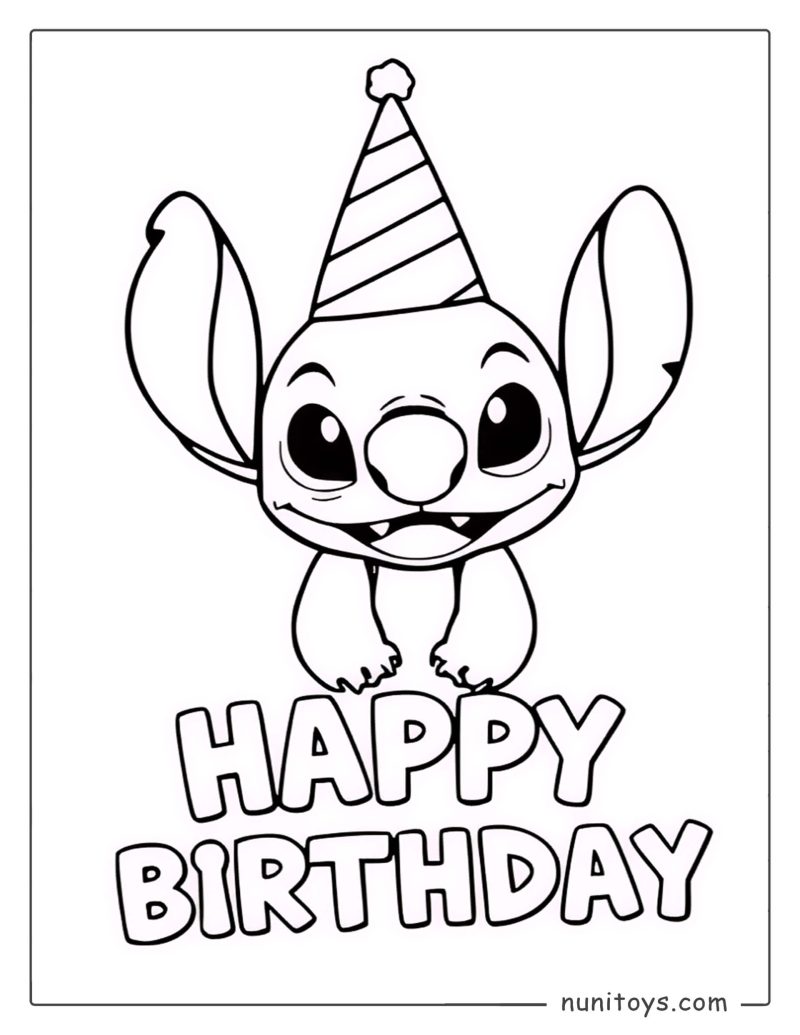 Happy Birthday Stitch with Party Hat Coloring Page