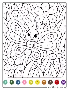 Happy Butterfly Coloring Page by Numbers with Flowers