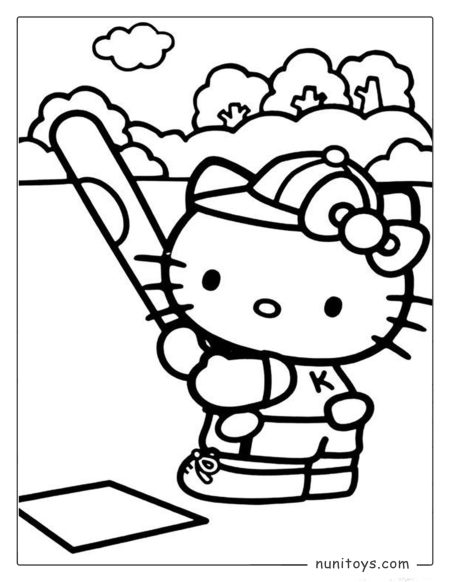 Página para colorear Hello Kitty jugando béisbol