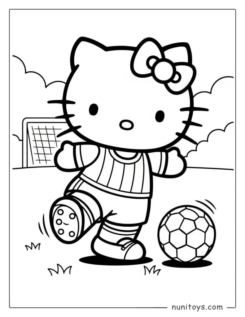 Página para colorear Hello Kitty jugando fútbol