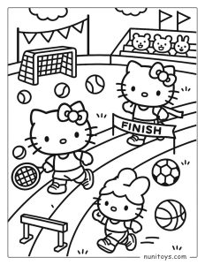 Página para colorear Hello Kitty corriendo una carrera