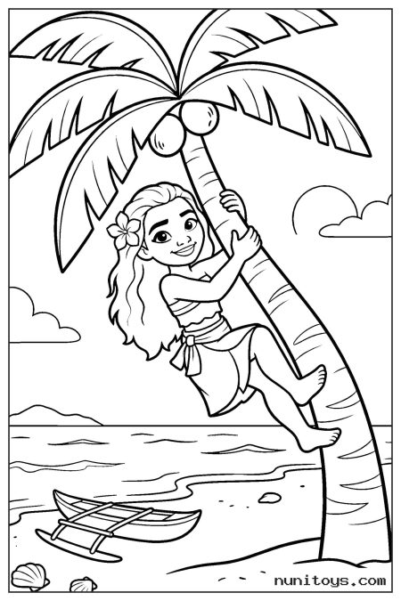 Moana Climbing Coconut Tree by Beach Coloring Page