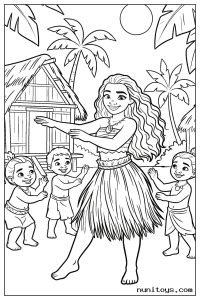 Moana Dancing with Village Children Coloring Page