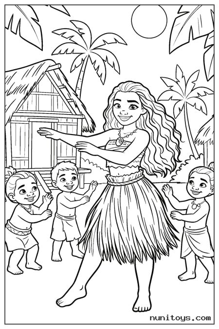 Moana Dancing with Village Children Coloring Page
