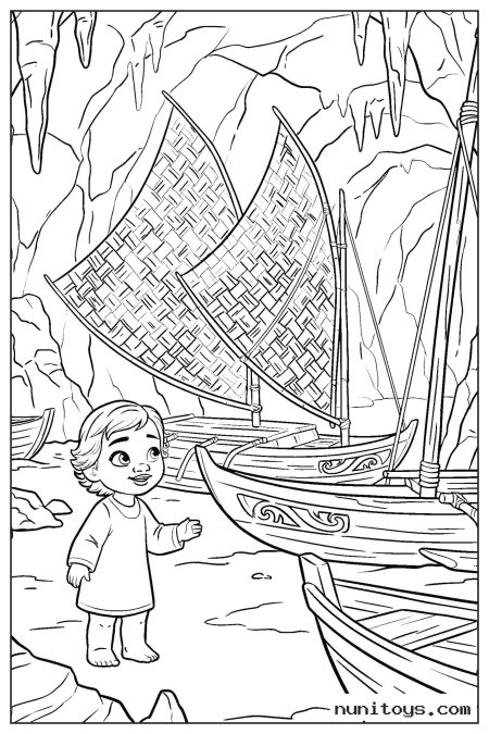 Moana Discovering Ancient Sailing Boats in Cave Coloring Page