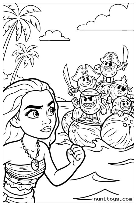Moana Facing Kakamora Pirates on Ocean Coloring Page