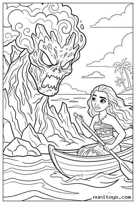 Moana Facing Te Kā from Canoe Coloring Page