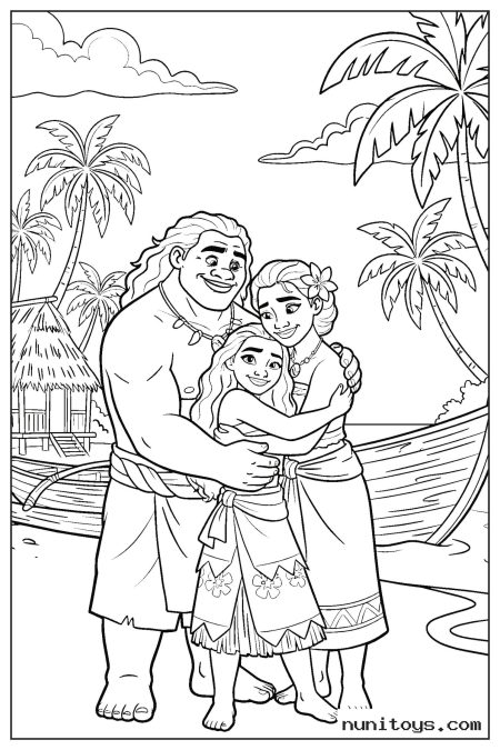 Moana Hugging Her Parents in Tropical Village Coloring Page