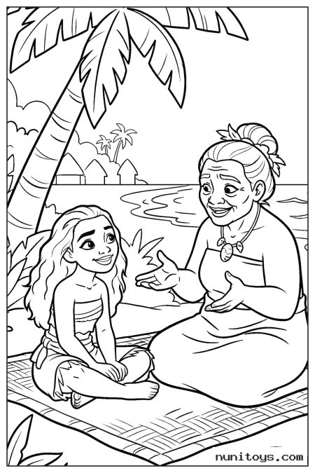 Moana Listening to Grandma Tala by the Shore Coloring Page