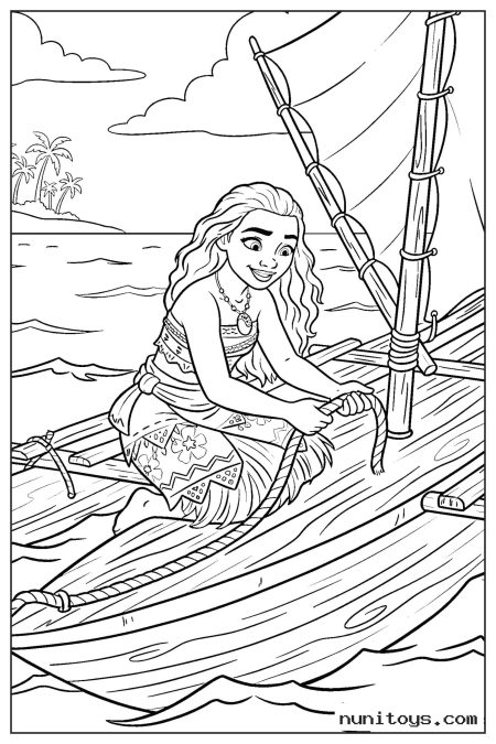 Moana Securing Rope on Sailing Boat Coloring Page