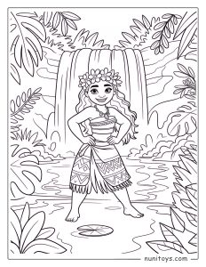 Moana Standing Proudly in Front of a Tropical Waterfall Coloring Page