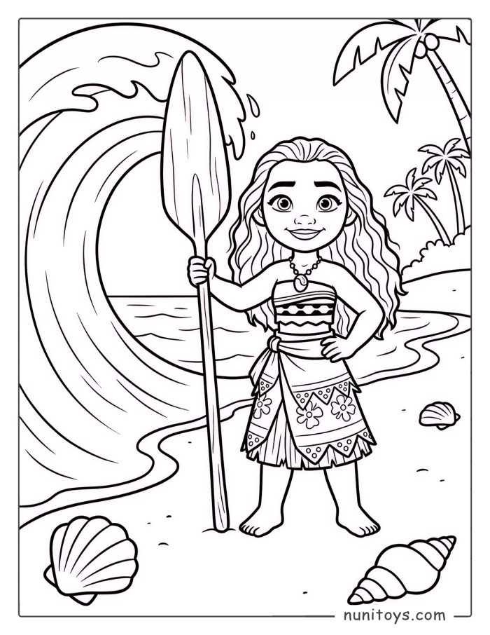 Moana Standing on the Beach Holding an Oar Coloring Page