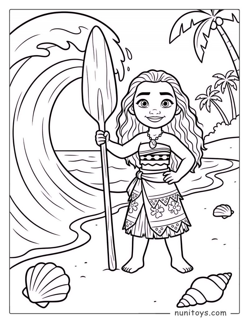 Moana Standing on the Beach Holding an Oar Coloring Page