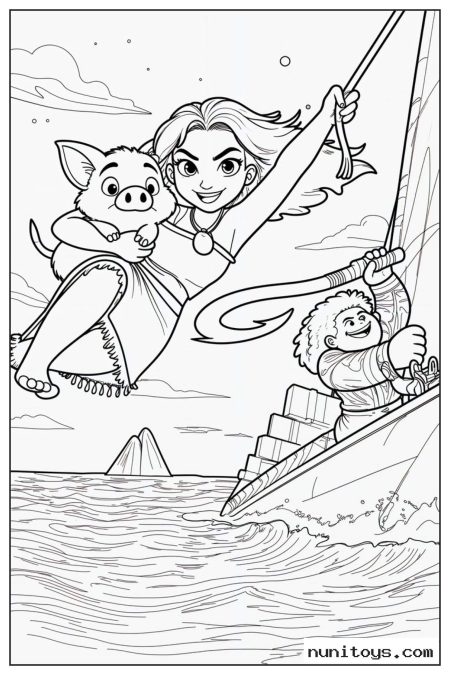 Moana Swinging with Pua Beside Maui Coloring Page