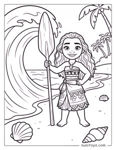 Moana de pie en la playa sosteniendo un remo