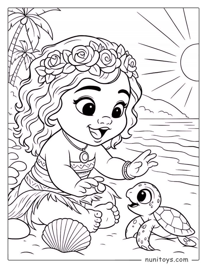 Páginas para colorear de la joven Moana jugando en la playa con una tortuga bebé