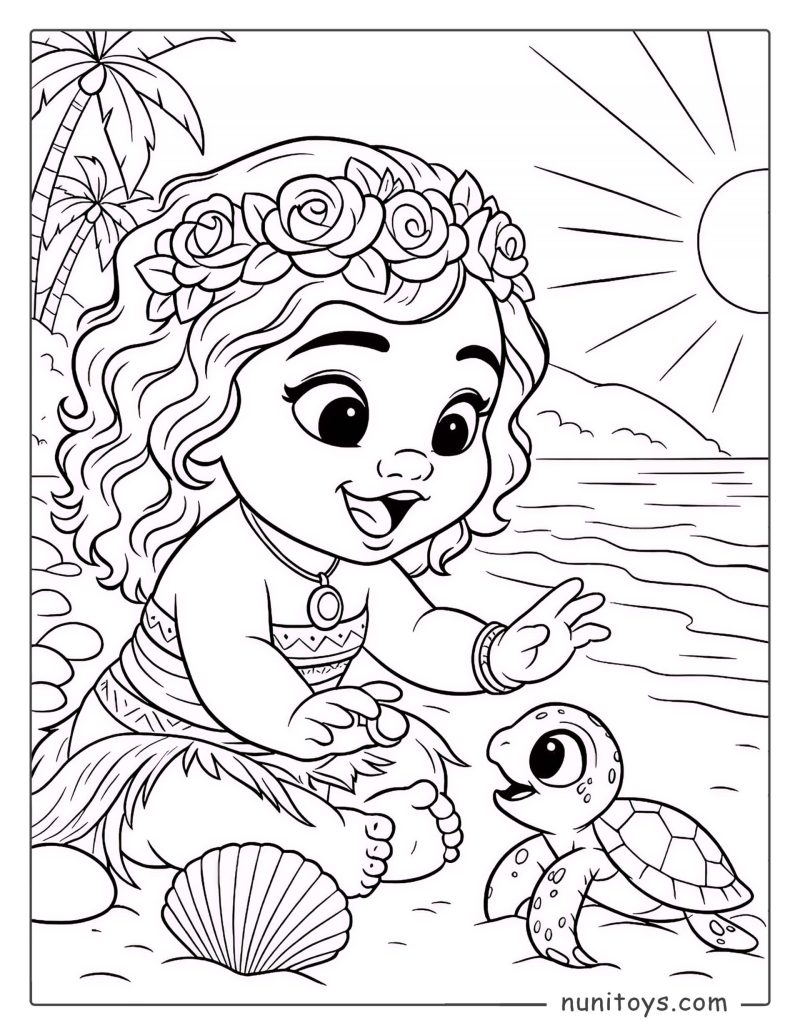 Páginas para colorear de la joven Moana jugando en la playa con una tortuga bebé
