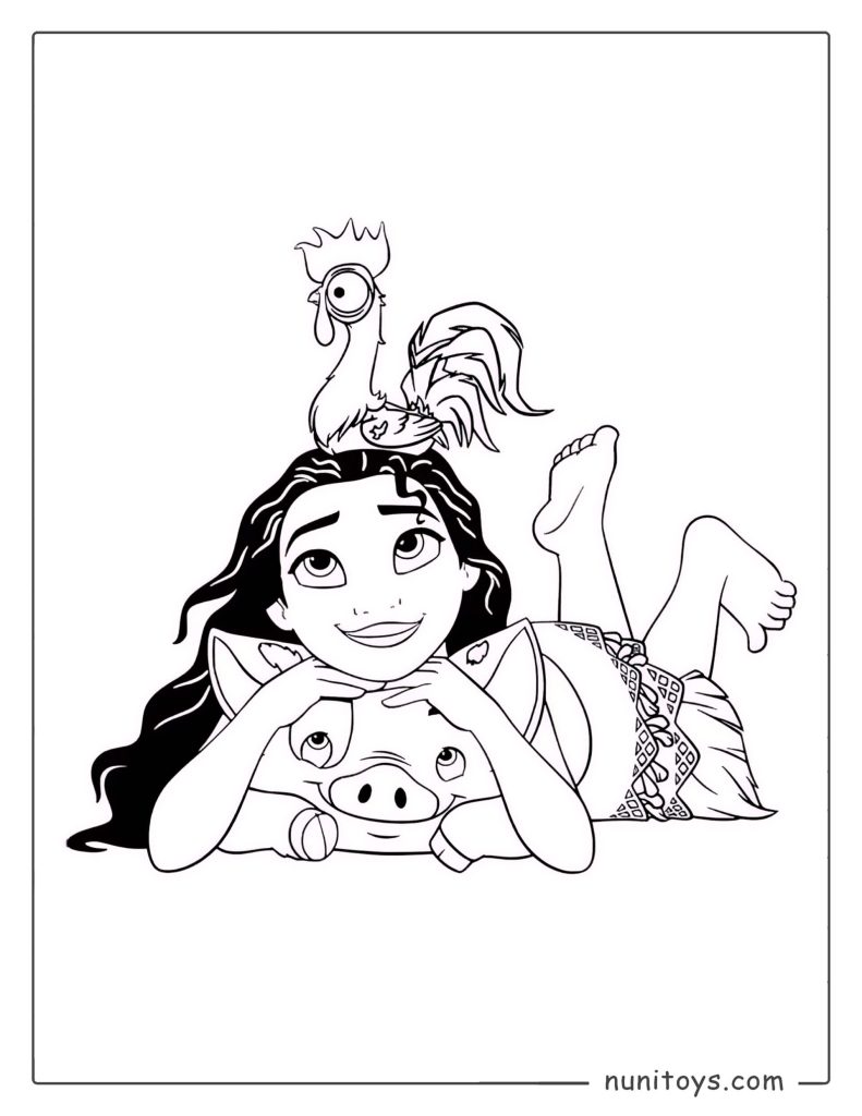 Moana relajándose con Pua y Heihei sobre su cabeza