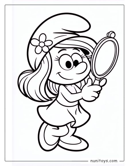 Página para colorear adorable de los Pitufos con Pitufina mirándose en un espejo
