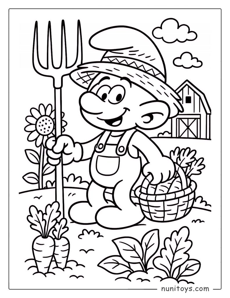 Página para colorear adorable de un Pitufo granjero cosechando verduras