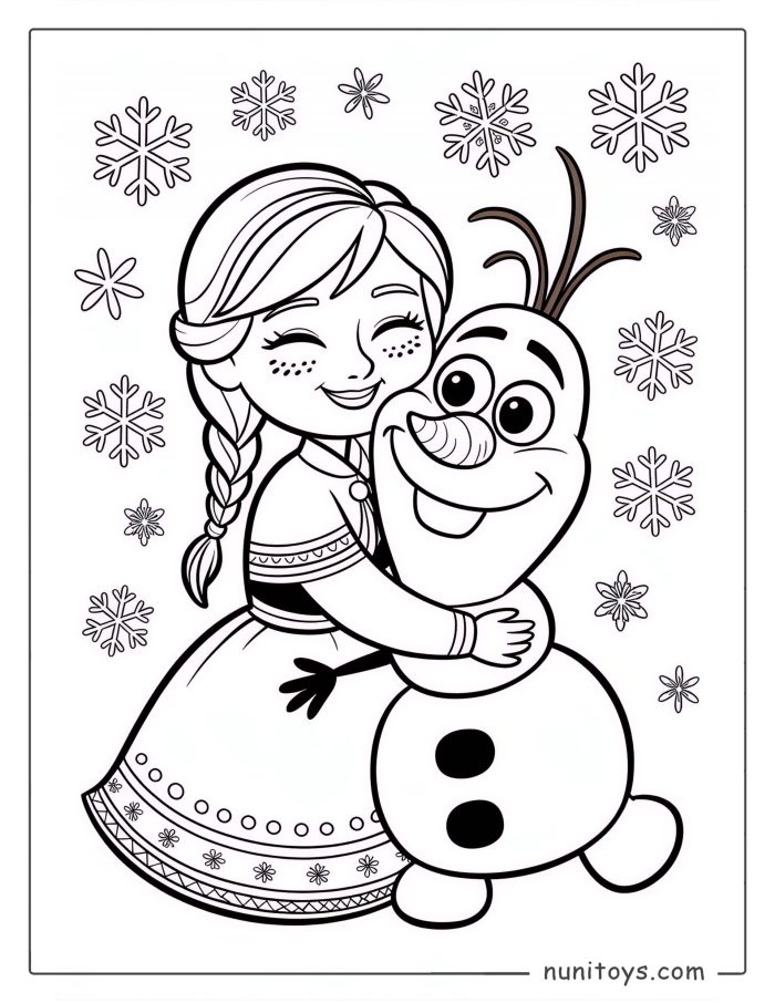Página para colorear de Anna abrazando a Olaf mientras sonríe